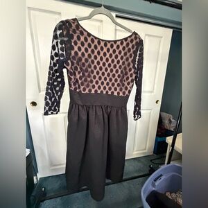 Eliza J Black Dress with Blush Polka-Dot Bodice and sheer sleeve. Size 6.
